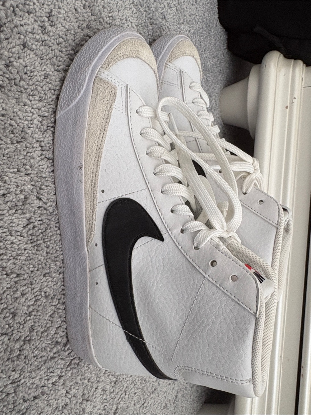Nike White High-Top Sneakers with Black Swoosh and Cream Suede Trim